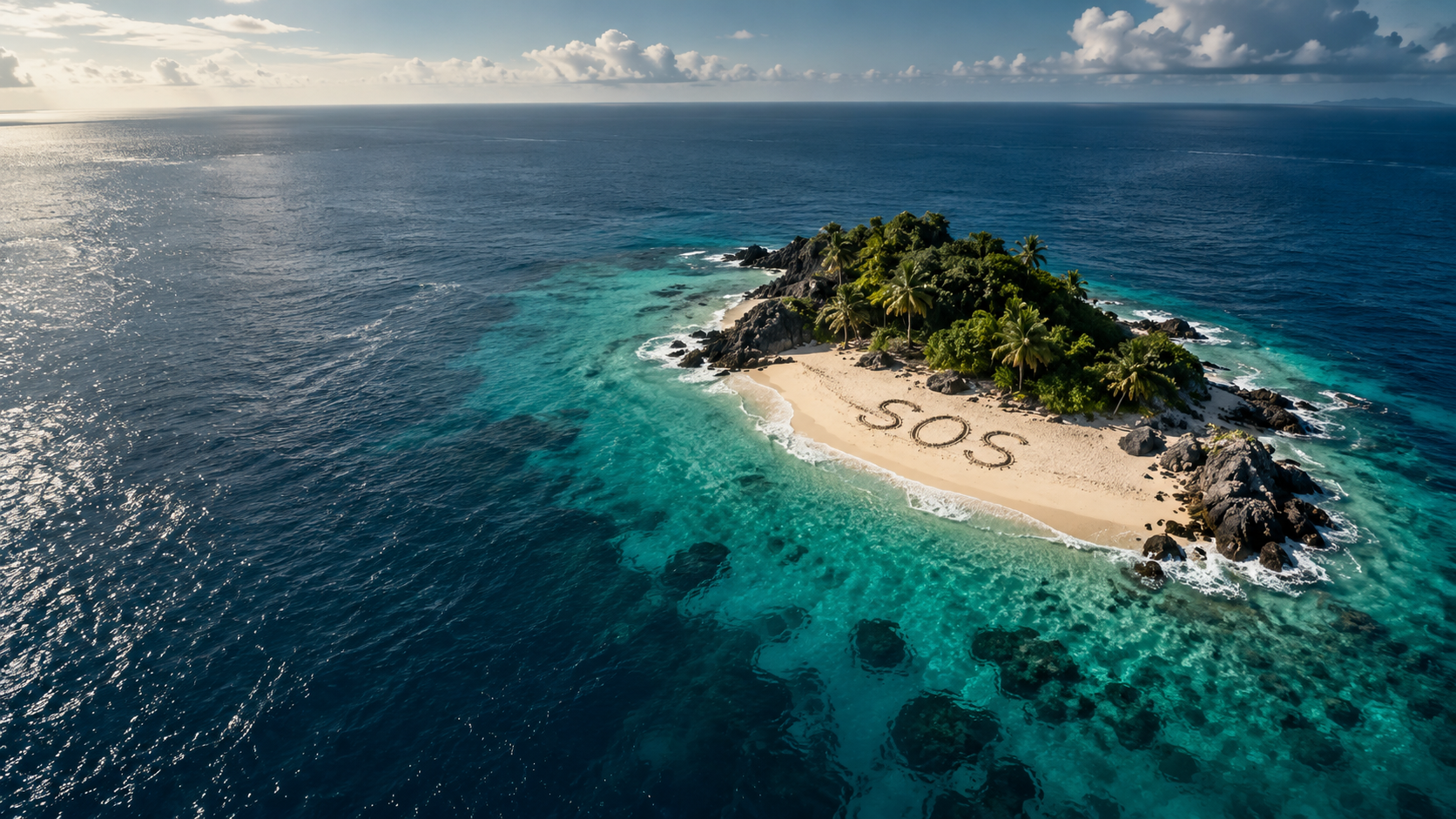 A small island surrounded by ocean, with SOS written in the sand.