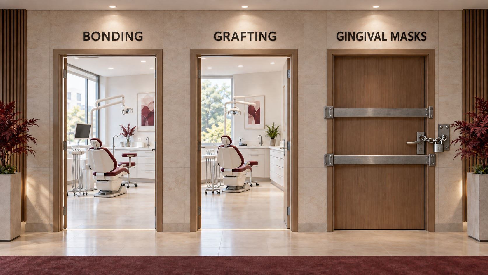Illustration of three dental treatment doors: Bonding and Grafting open, and Gingival Masks barred and padlocked.